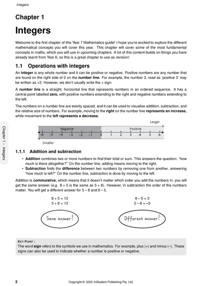 Year 7 Maths Complete Course Notes by ATAR Notes, showing a page with detailed explanations of integers, operations, and number lines.