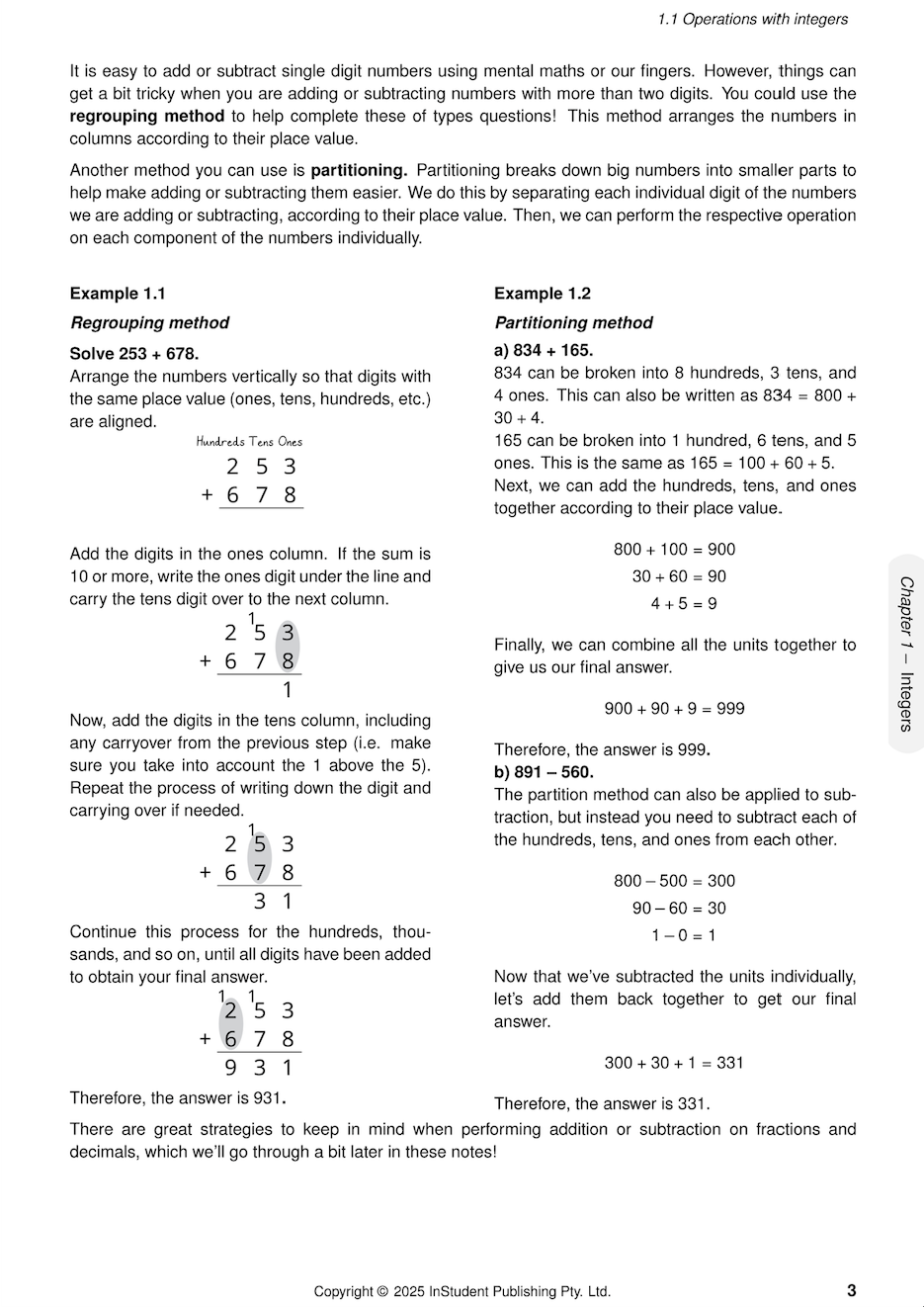 Year 7 Maths Course Notes by ATAR Notes, open page showing integer operations with regrouping and partitioning examples.