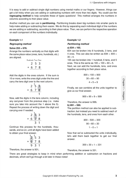 Year 7 Maths Course Notes by ATAR Notes, open page showing integer operations with regrouping and partitioning examples.