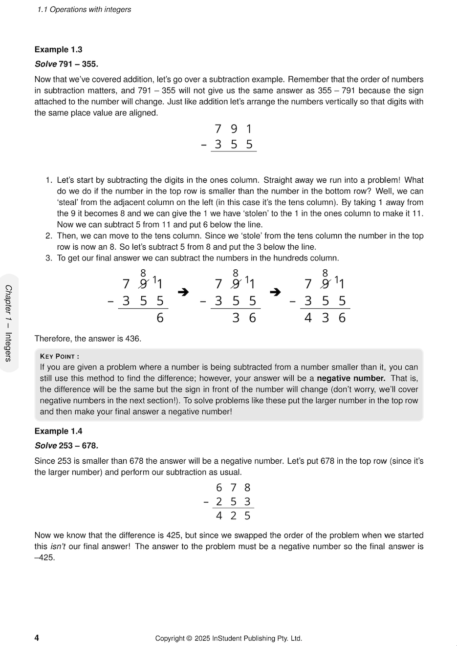 Course notes for Year 7 Maths (2025-2027) by ATAR Notes, showing a page with examples of vertical subtraction and explanations.
