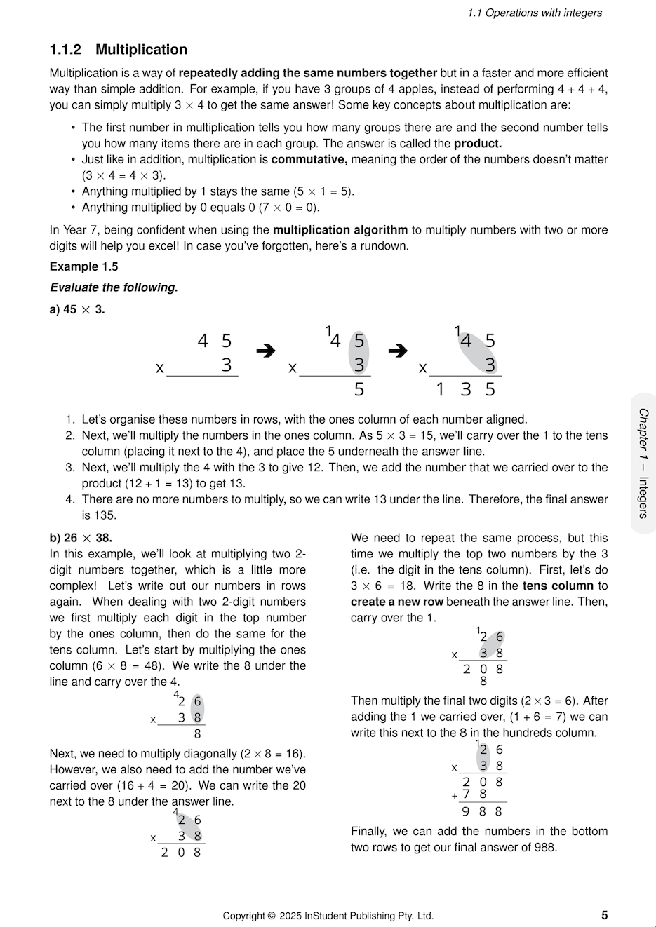 Year 7 Maths Course Notes by ATAR Notes, showing multiplication examples with explanations and calculations.