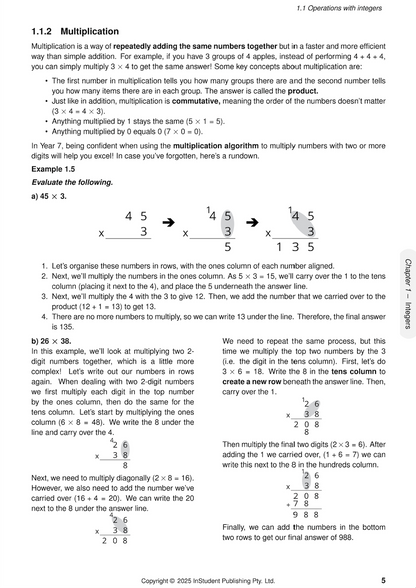 Year 7 Maths Course Notes by ATAR Notes, showing multiplication examples with explanations and calculations.