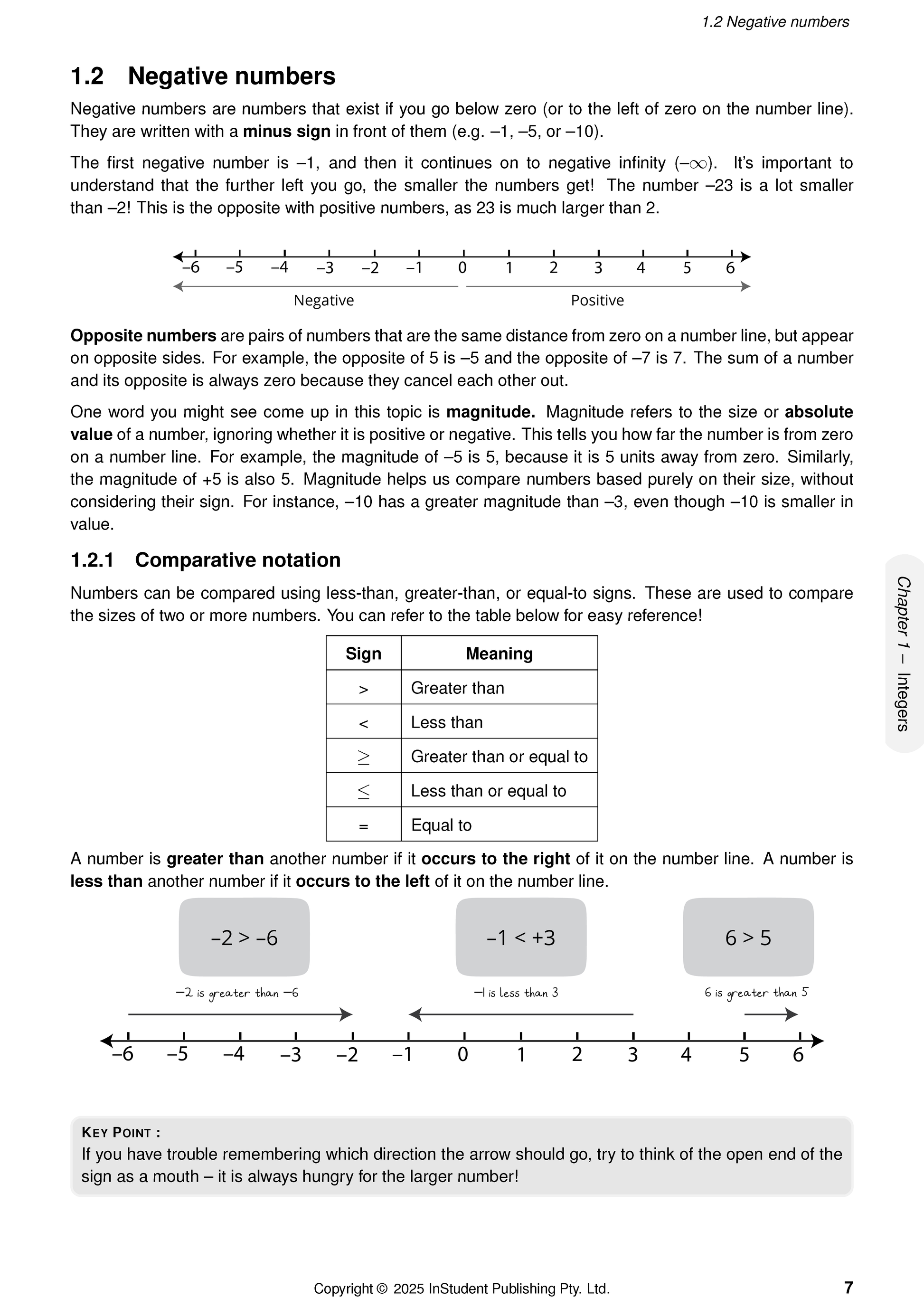 A page from the Year 7 Maths Complete Course Notes by ATAR Notes, detailing negative numbers with a number line and comparative notation.