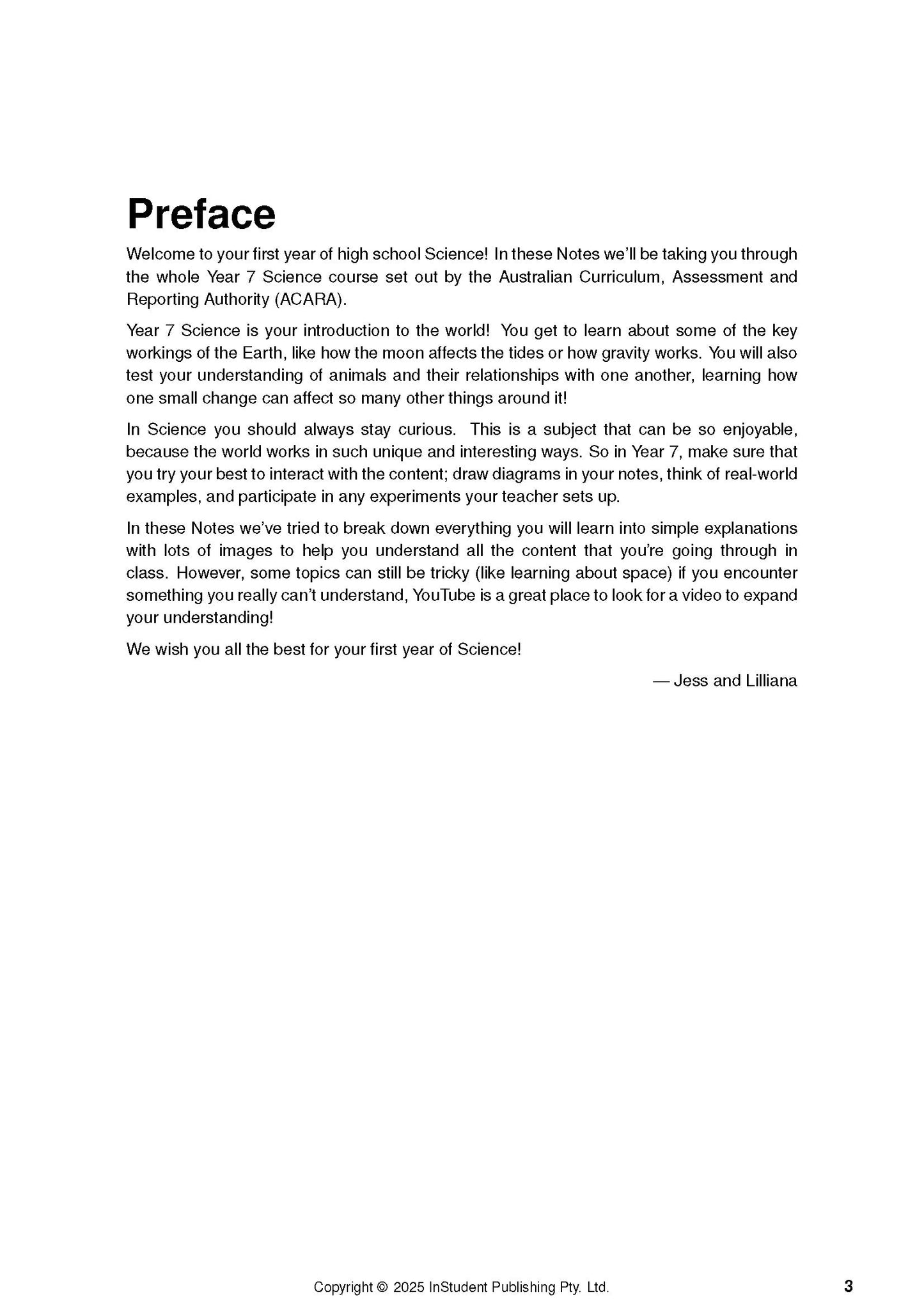 Year 7 Science Course Notes by ATAR Notes, featuring a white 'Preface' page with black text and author signatures.