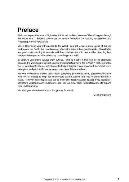 Year 7 Science Course Notes by ATAR Notes, featuring a white 'Preface' page with black text and author signatures.