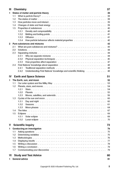 Year 7 Science course notes by ATAR Notes, showing a table of contents with Chemistry and Earth Science sections.