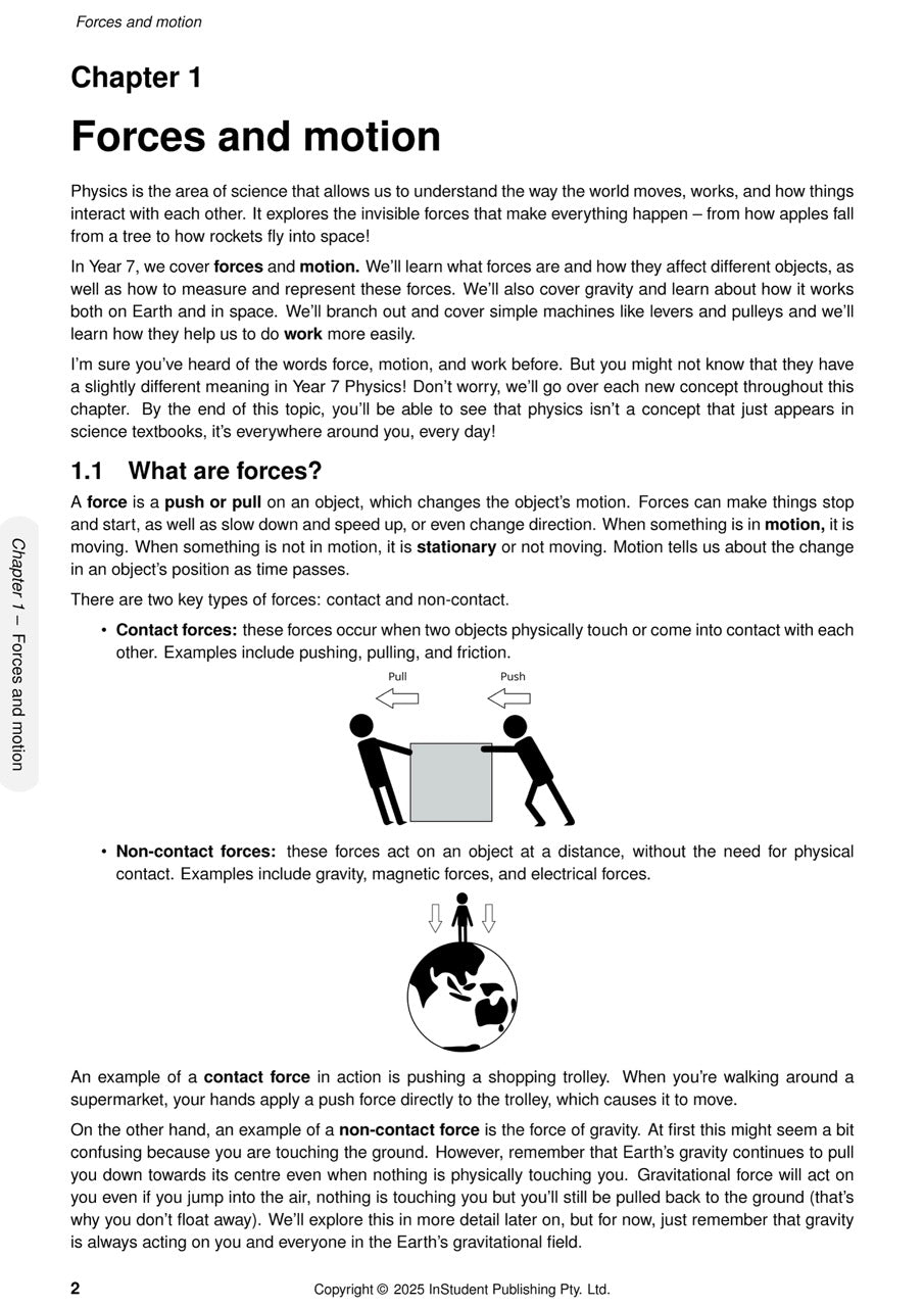 Science Course Notes by ATAR Notes, showing an open page with text and diagrams about forces and motion.