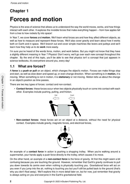 Science Course Notes by ATAR Notes, showing an open page with text and diagrams about forces and motion.