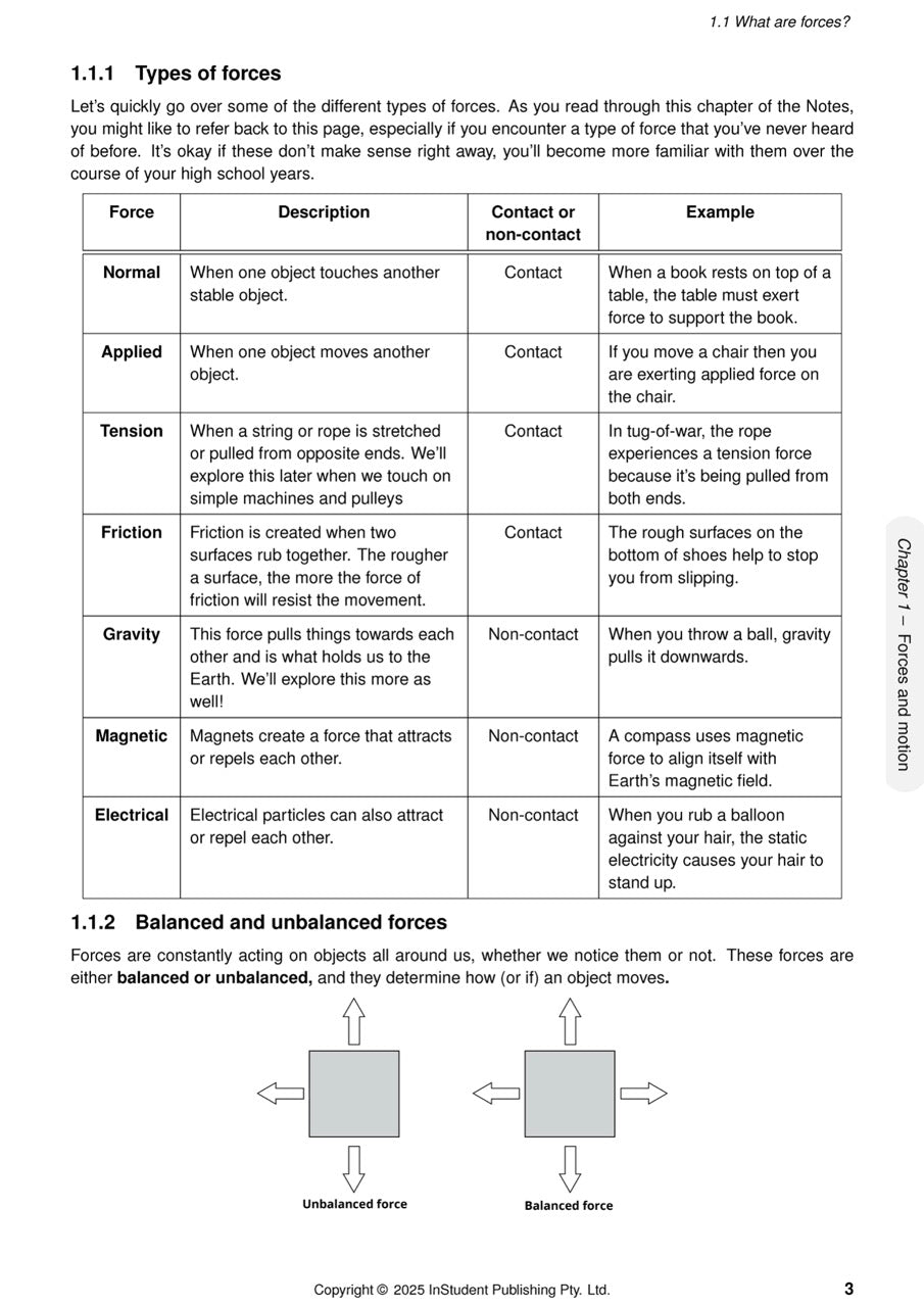 Course notes by ATAR Notes, displaying a page on types of forces with a table and diagrams of balanced and unbalanced forces.