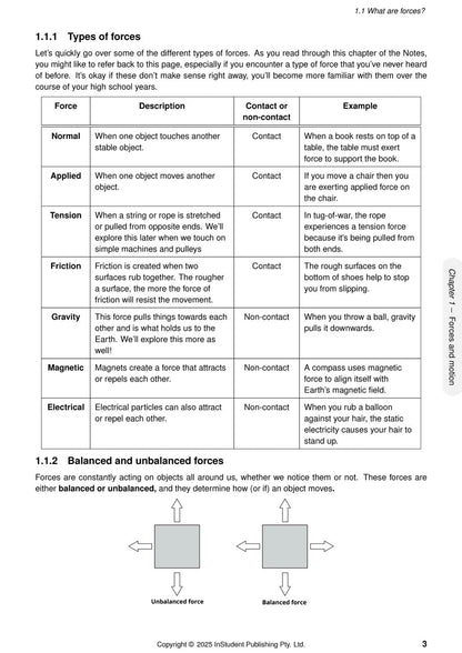 Course notes by ATAR Notes, displaying a page on types of forces with a table and diagrams of balanced and unbalanced forces.