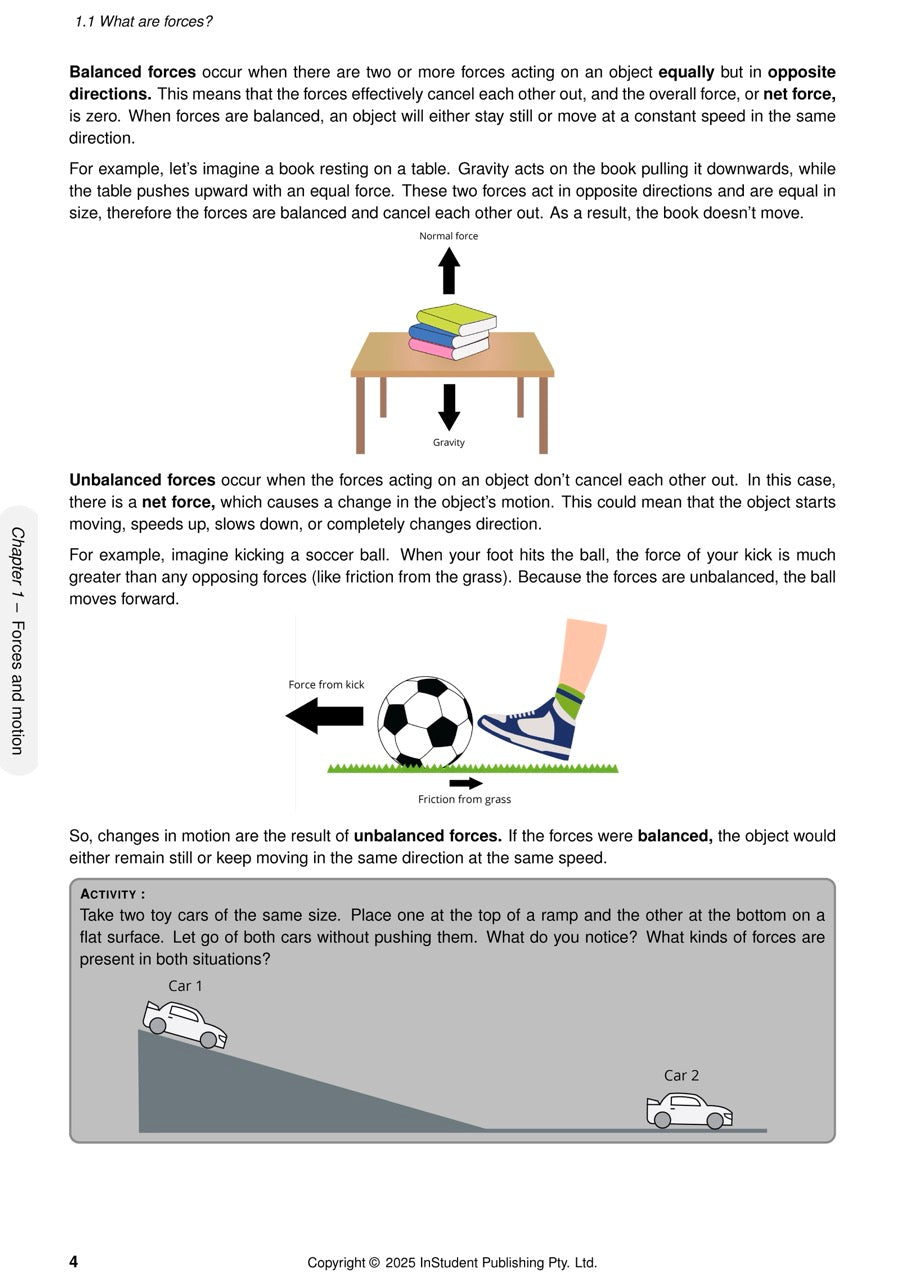 Science Course Notes by ATAR Notes, showing concepts of balanced and unbalanced forces with diagrams.