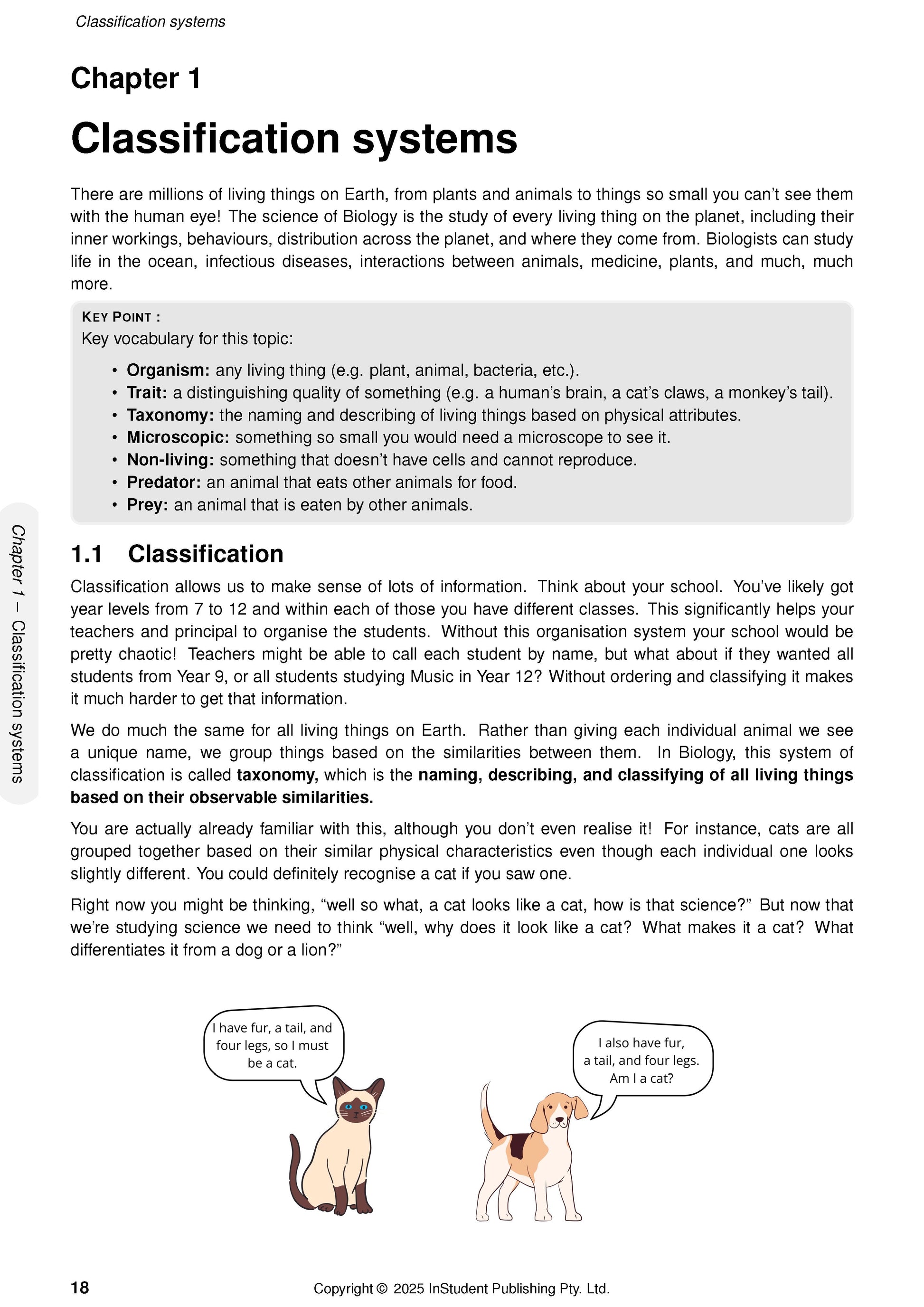 White course notes by ATAR Notes displaying a page on classification with cartoon illustrations of a cat and a dog.