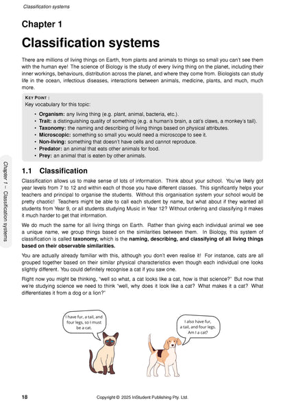 White course notes by ATAR Notes displaying a page on classification with cartoon illustrations of a cat and a dog.