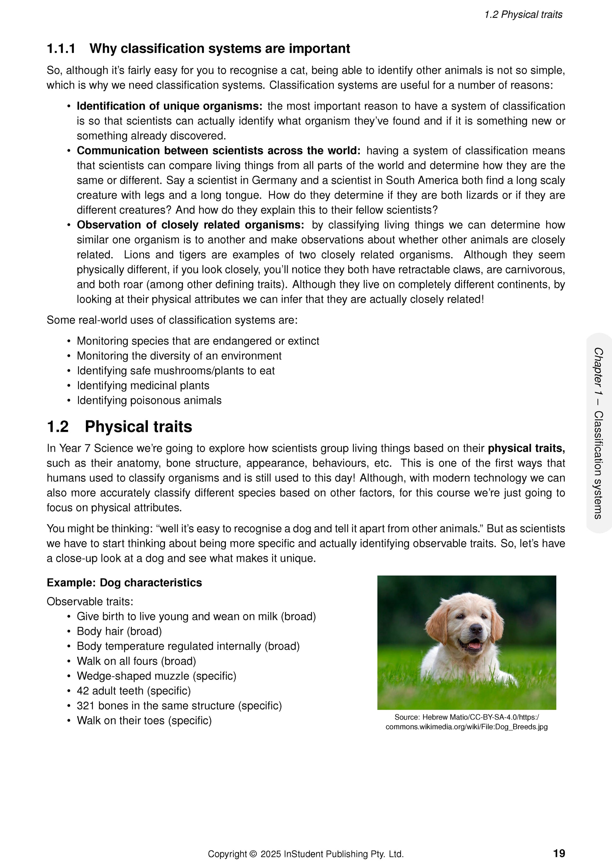 White page of Year 7 Science Complete Course Notes by ATAR Notes, displaying content on physical traits, bullet points, and a puppy photo.
