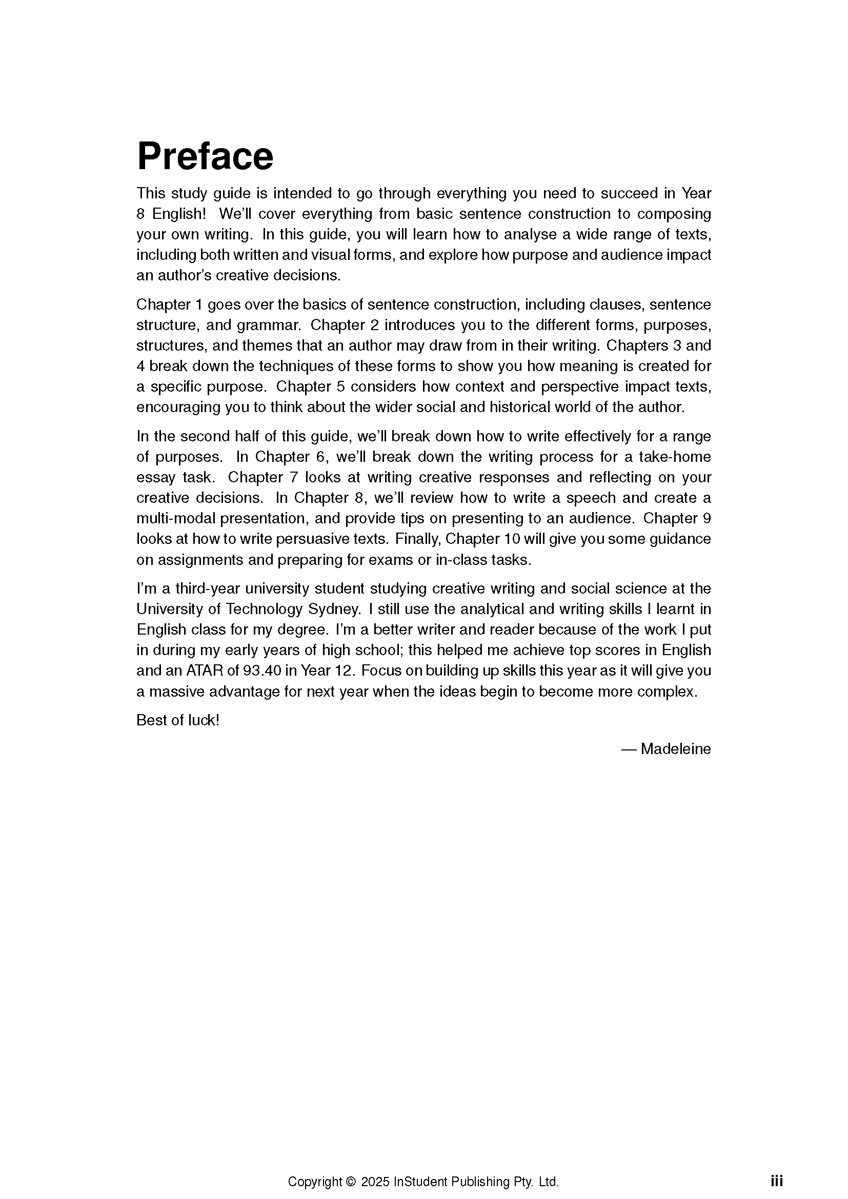 Year 8 English Complete Course Notes by ATAR Notes, a white page displaying the 'Preface' section in black text.