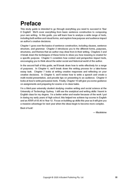Year 8 English Complete Course Notes by ATAR Notes, a white page displaying the 'Preface' section in black text.