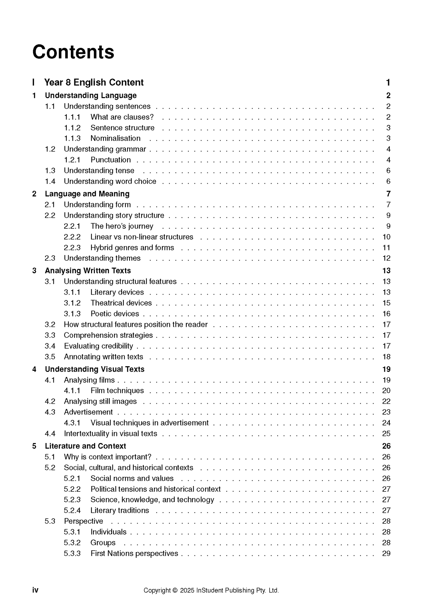 Year 8 English Course Notes by ATAR Notes, showing a detailed table of contents page.