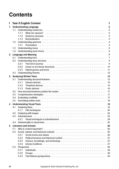 Year 8 English Course Notes by ATAR Notes, showing a detailed table of contents page.