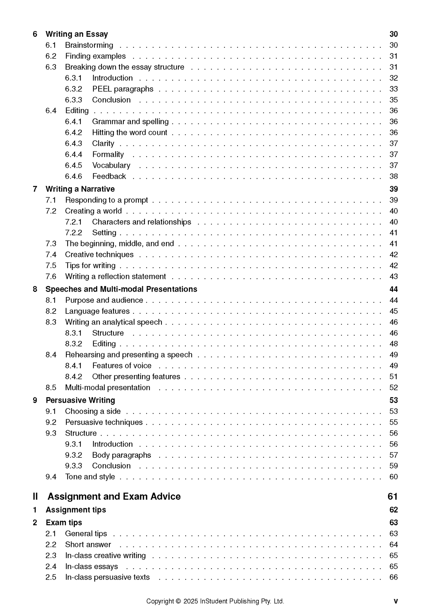 Year 8 English Complete Course Notes by ATAR Notes, showing a table of contents page with chapter headings and page numbers.