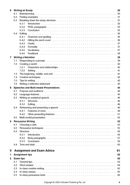 Year 8 English Complete Course Notes by ATAR Notes, showing a table of contents page with chapter headings and page numbers.