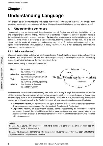 English course notes page by ATAR Notes showing chapter on Understanding Language with grammar definitions and a sentence diagram.
