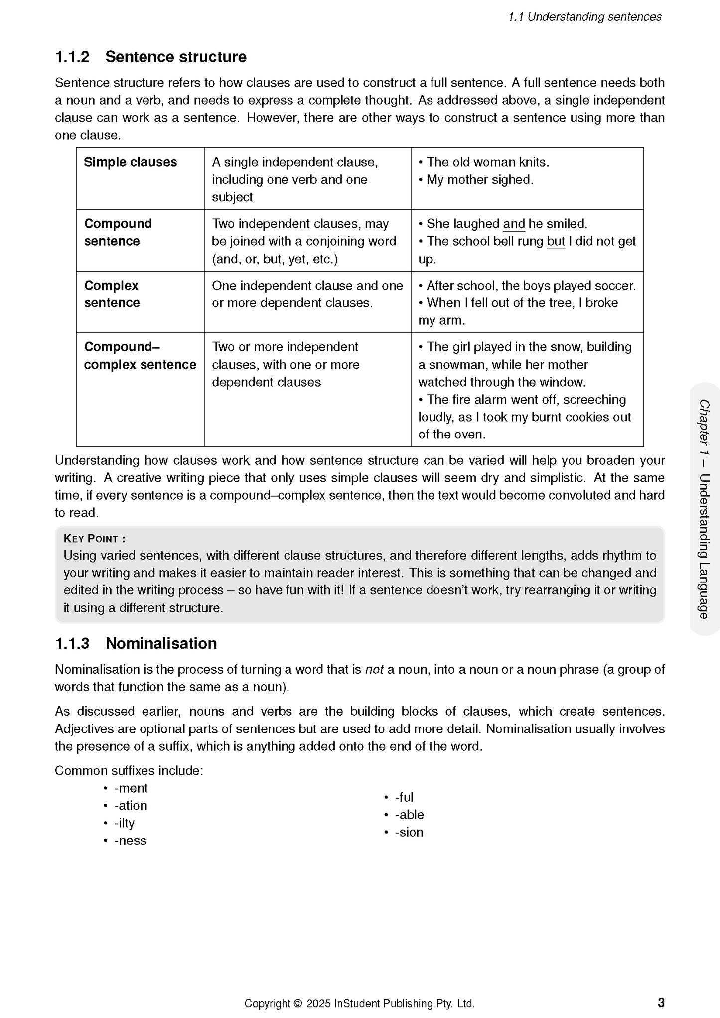 Year 8 English Complete Course Notes by ATAR Notes, displaying a page on sentence structure, nominalisation, a table of examples, and a key point.