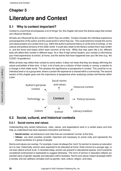 Year 8 English Course Notes by ATAR Notes, showing a page with text, headings, and a central context diagram.