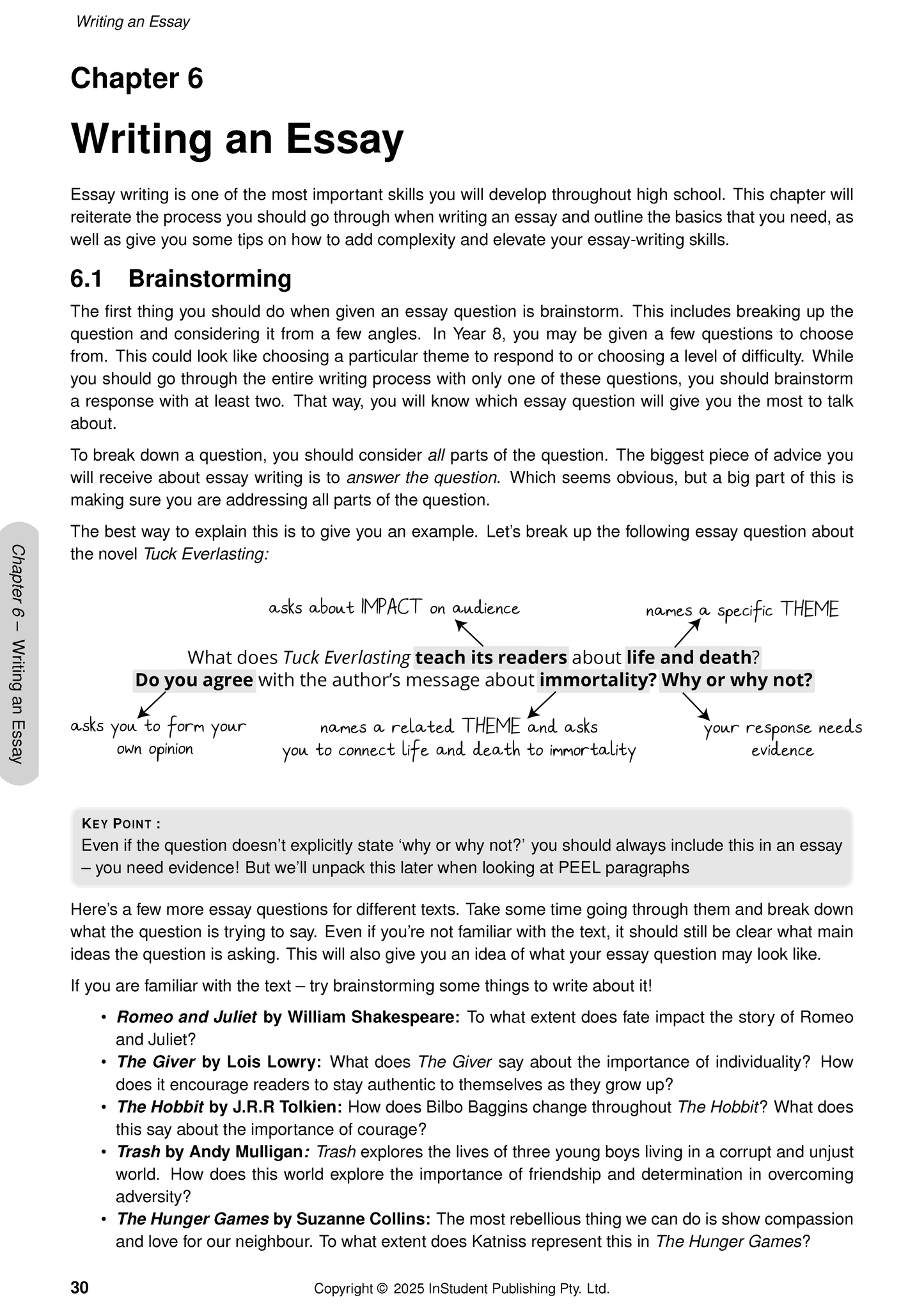 White paper course notes by ATAR Notes, displaying a page titled 'Writing an Essay' with text and an annotated diagram for breaking down an essay question.