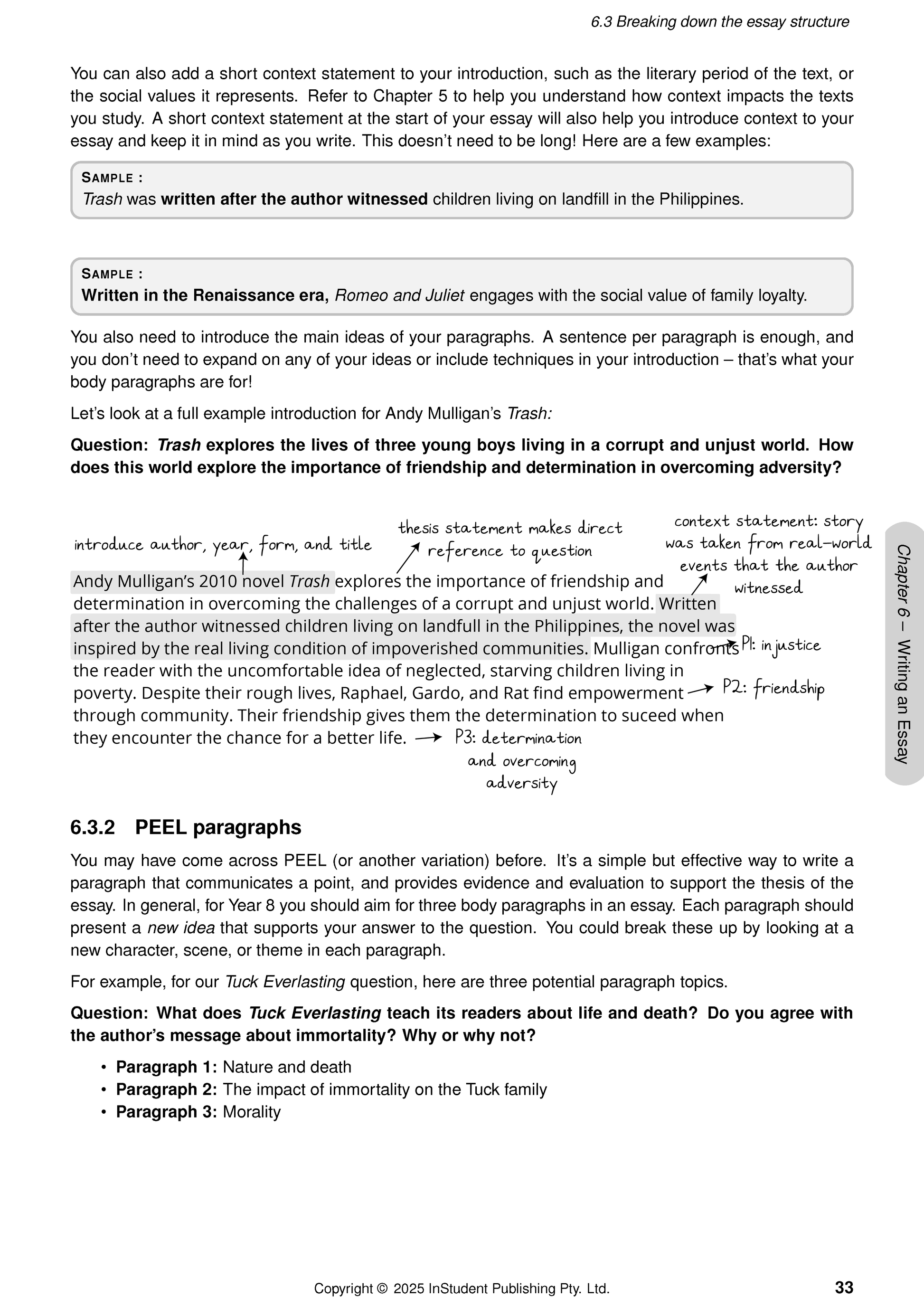 Page from Year 8 English Course Notes by ATAR Notes, detailing essay structure with text and handwritten notes.