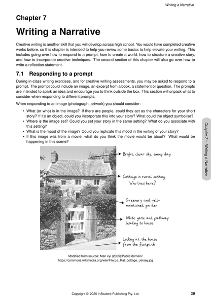 English Course Notes by ATAR Notes, a page showing 'Writing a Narrative' text and a black and white cottage illustration with handwritten labels.