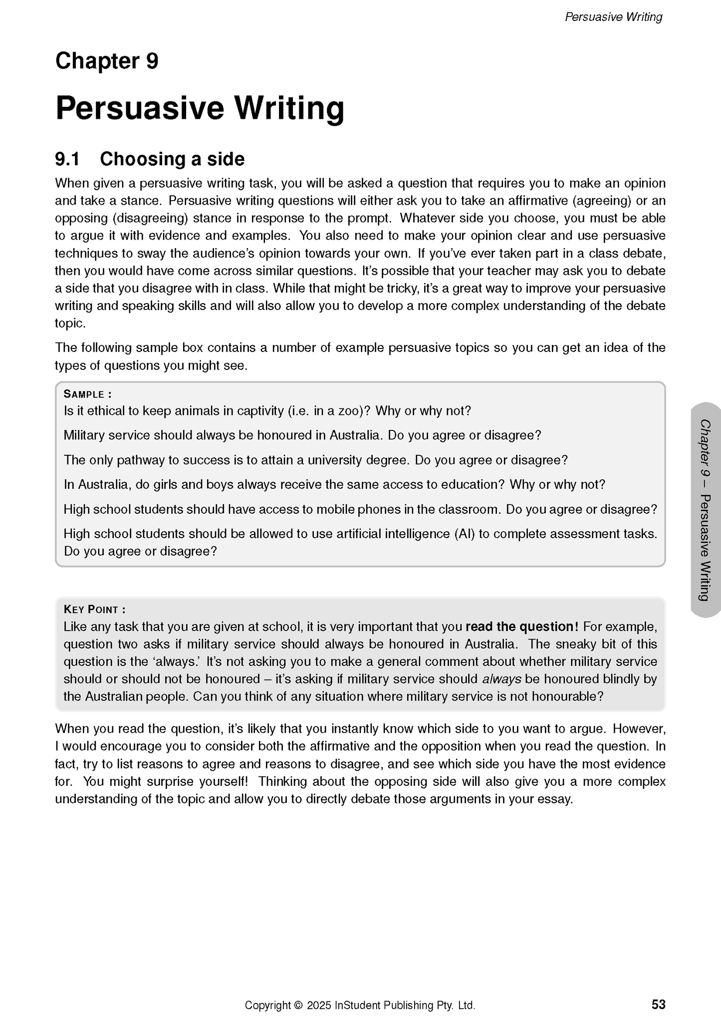 English Course Notes for Year 8 by ATAR Notes, displaying Chapter 9 on Persuasive Writing with text and sample questions.
