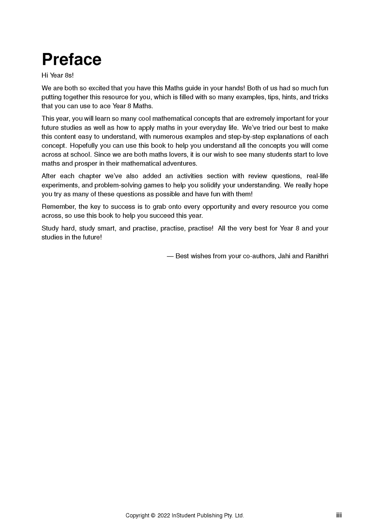Year 8 Maths Complete Course Notes by ATAR Notes, a white page showing the preface text in black with copyright and page number iii.