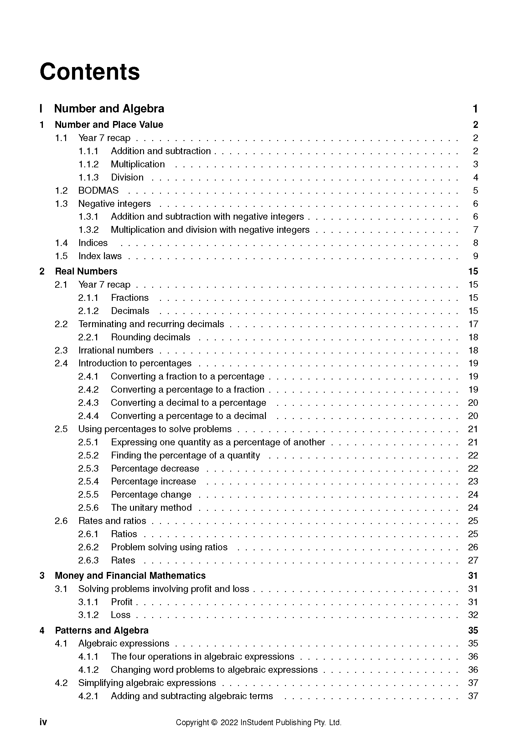 Year 8 Maths Course Notes by ATAR Notes, displaying a comprehensive table of contents for the curriculum.