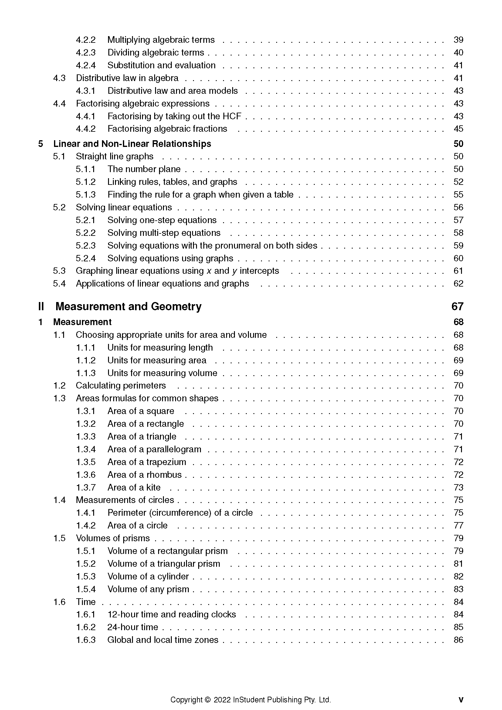 Year 8 Maths Course Notes table of contents page, detailing topics on algebra, linear relationships, and geometry with page numbers.