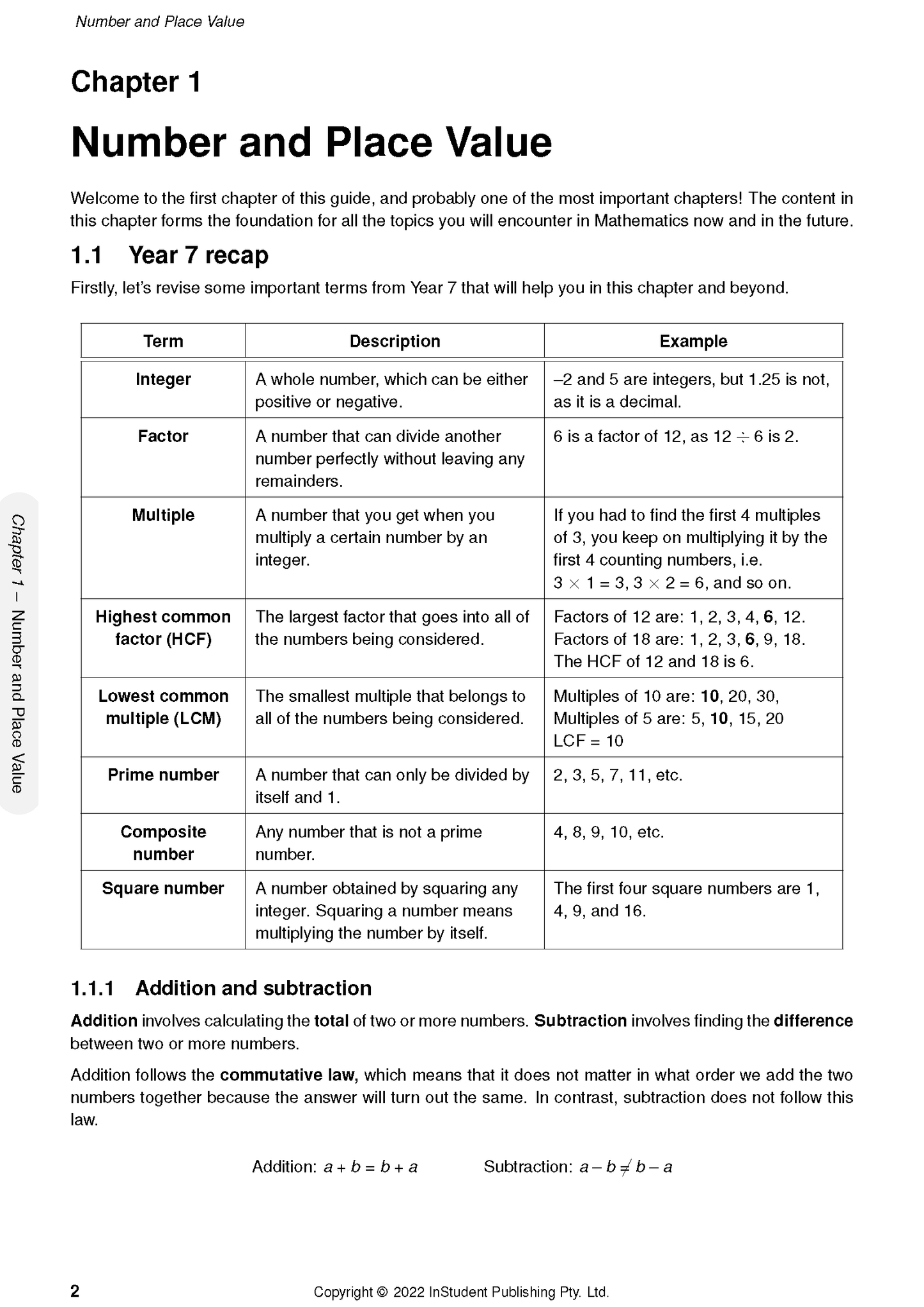 Year 8 Maths Course Notes by ATAR Notes, displaying a page on Number and Place Value with definitions and examples.