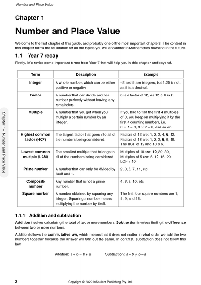 Year 8 Maths Course Notes by ATAR Notes, displaying a page on Number and Place Value with definitions and examples.