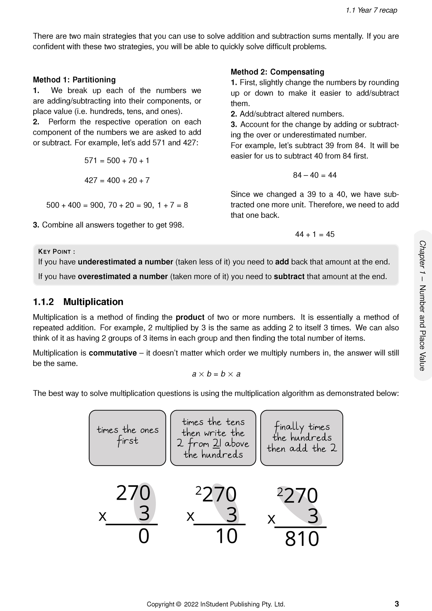Year 8 Maths Course Notes by ATAR Notes, showing strategies for addition, subtraction, and multiplication algorithms with examples.