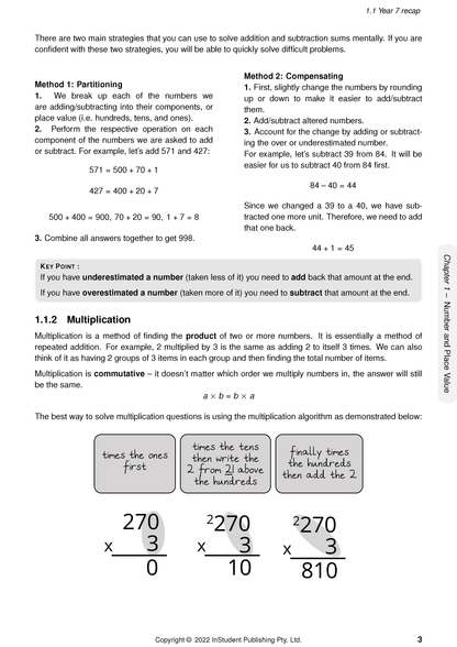Year 8 Maths Course Notes by ATAR Notes, showing strategies for addition, subtraction, and multiplication algorithms with examples.