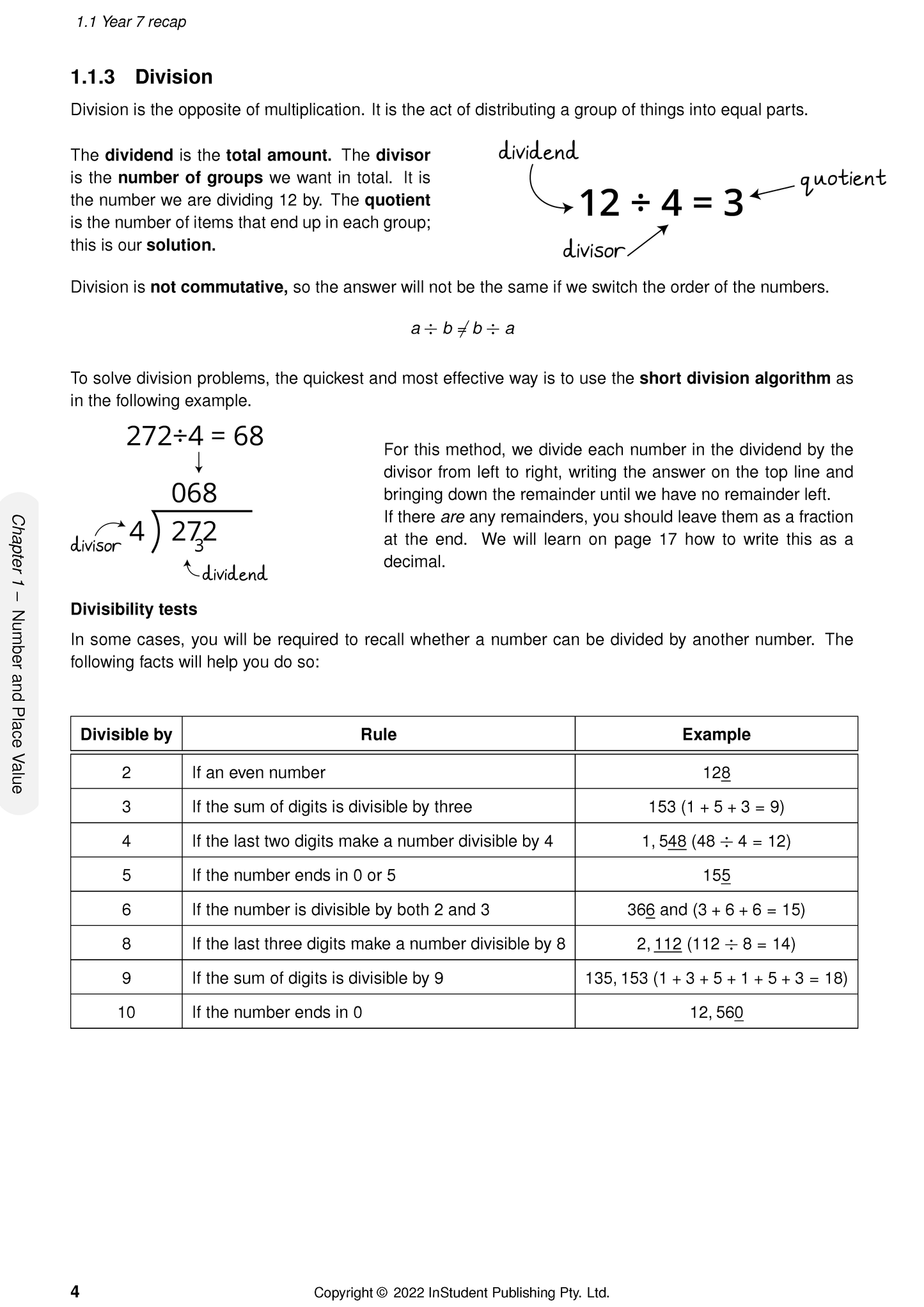 White page of Year 8 Maths Course Notes by ATAR Notes, displaying black text on division concepts and a divisibility tests table.