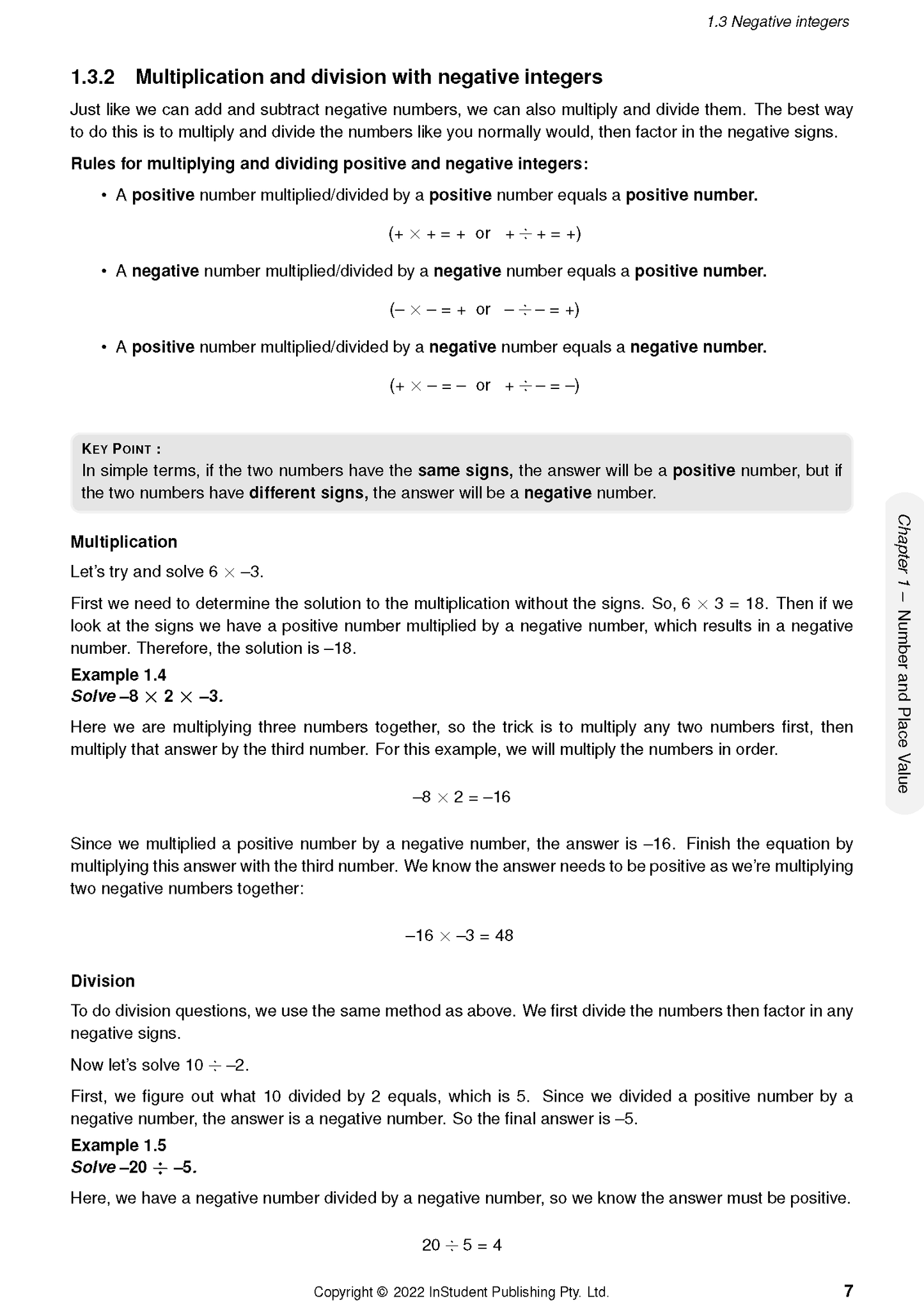 Year 8 Maths Course Notes by ATAR Notes, showing a page with text and examples on negative integers.