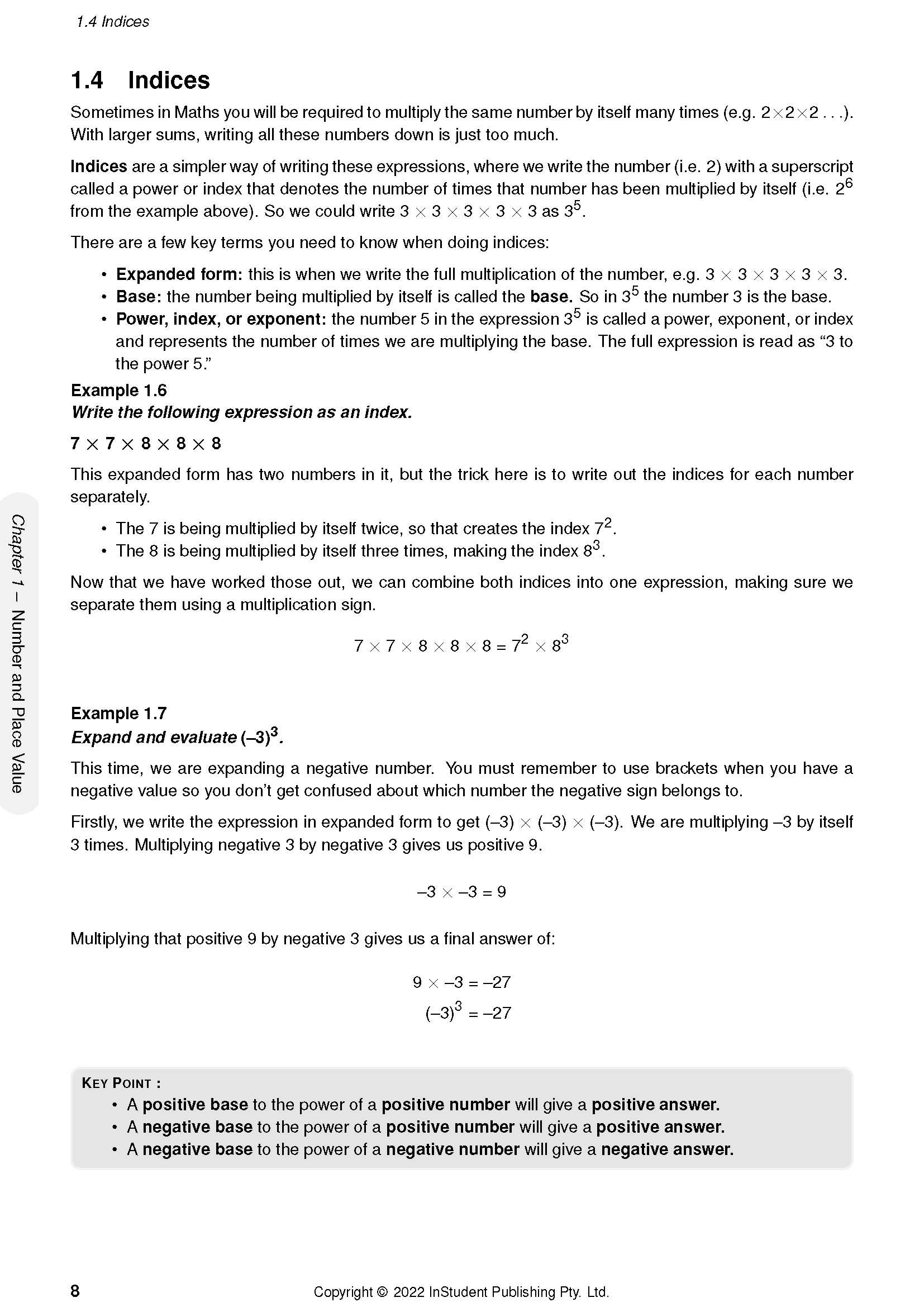 Course Notes by ATAR Notes, a white page with black math text on indices, examples, and key points, page 8.