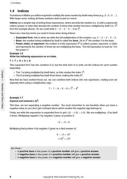 Course Notes by ATAR Notes, a white page with black math text on indices, examples, and key points, page 8.