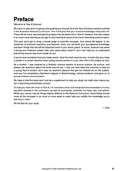 White Year 8 Science Course Notes by ATAR Notes, displaying the preface page with black text.