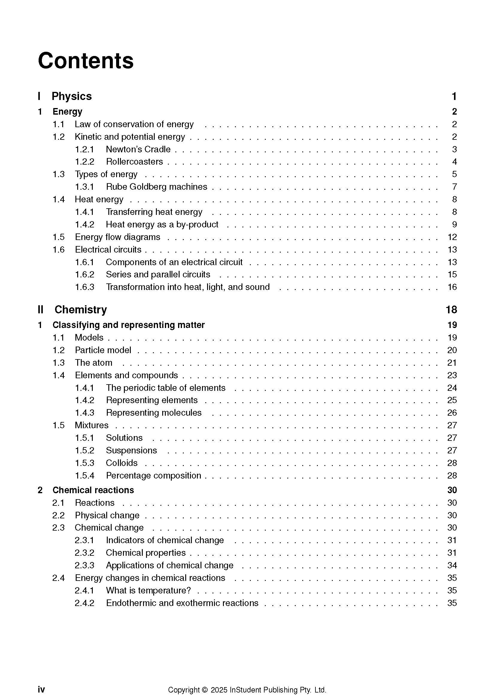 Year 8 Science complete course notes by ATAR Notes, displaying a detailed table of contents for Physics and Chemistry.