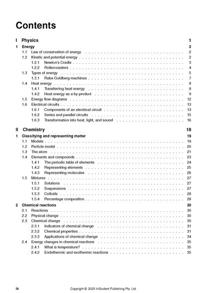 Year 8 Science complete course notes by ATAR Notes, displaying a detailed table of contents for Physics and Chemistry.