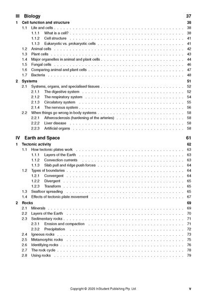 Year 8 Science Complete Course Notes by ATAR Notes, displaying a table of contents page with sections on Biology and Earth and Space.