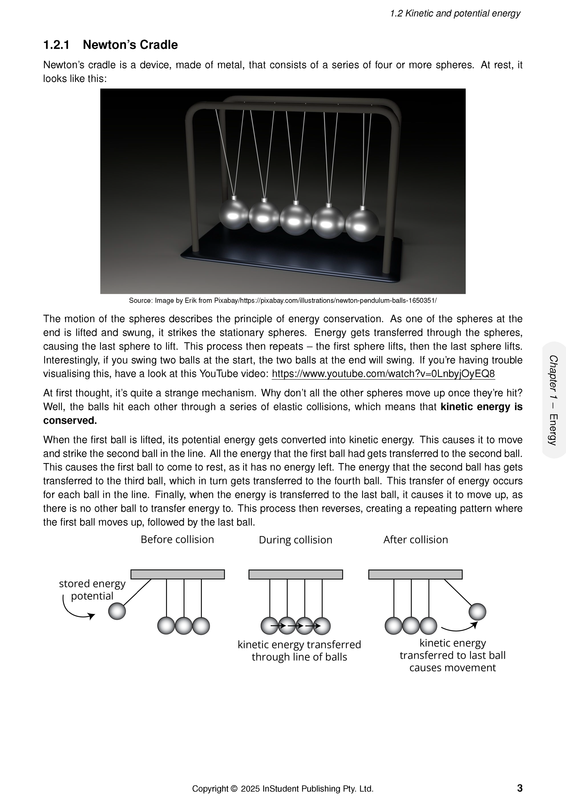 Year 8 Science Complete Course Notes by ATAR Notes, displaying a page on Newton's Cradle with an illustration and energy transfer diagrams.