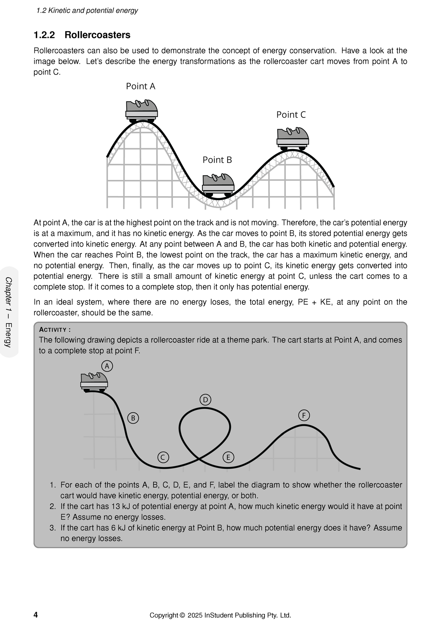 Science course notes by ATAR Notes, displaying diagrams of rollercoasters and text on kinetic and potential energy.