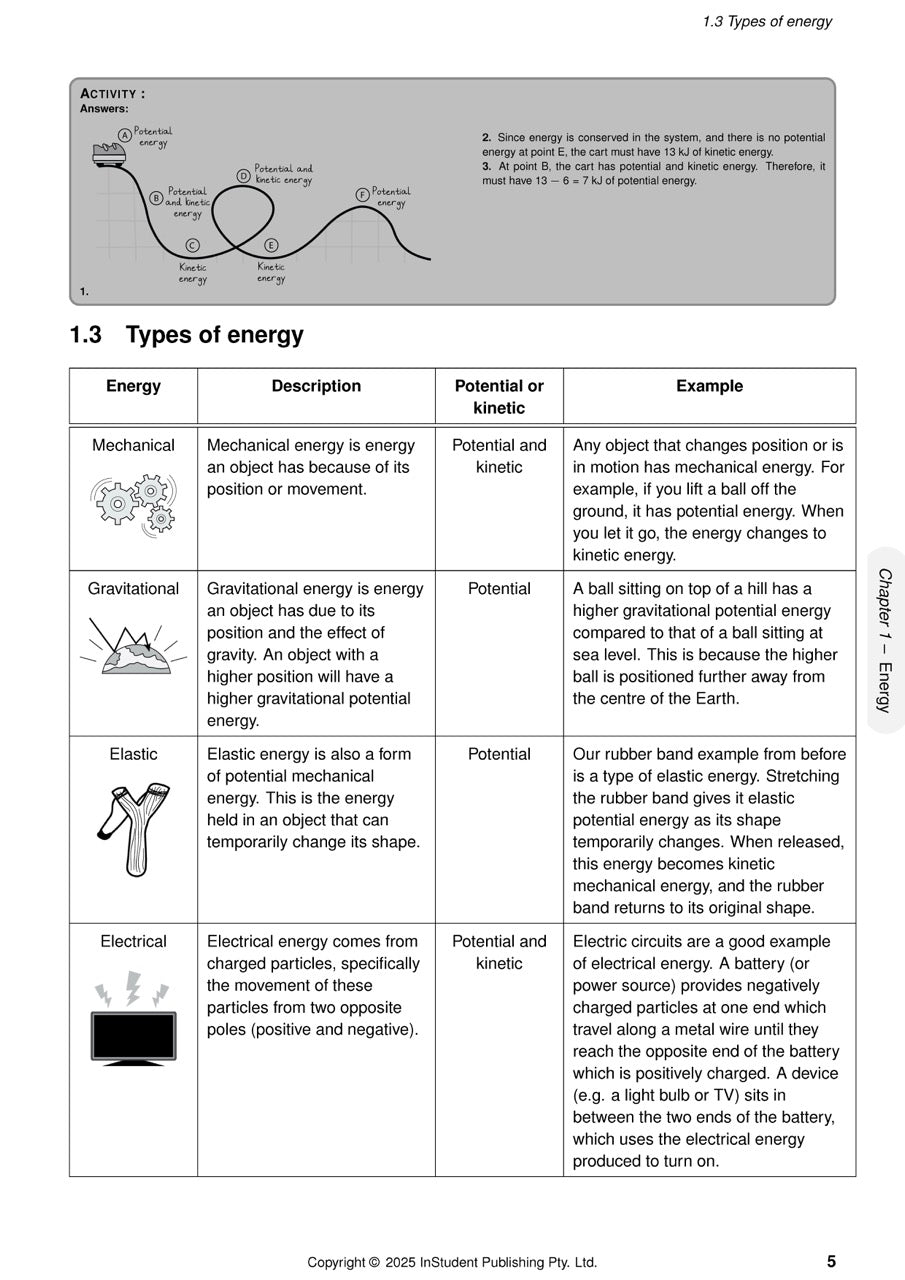 Science Course Notes by ATAR Notes, showing a page with a diagram of energy types and an explanatory table.