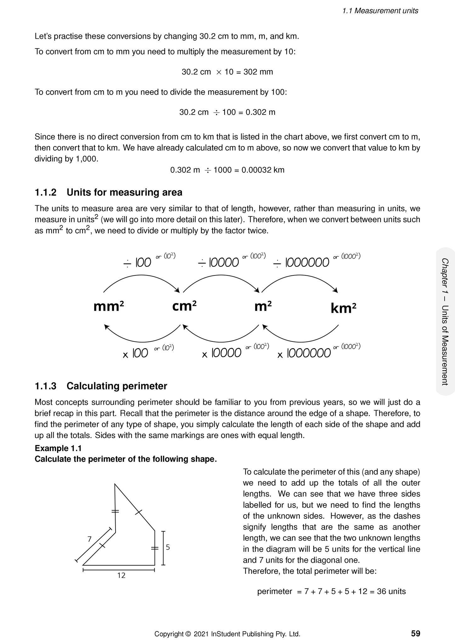 Year 9 Maths Course Notes by ATAR Notes, featuring a page on measurement units and perimeter calculations with diagrams.